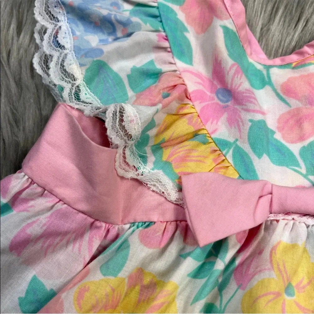 Vintage Baby Girls Blue Pink Floral Ruffle Pinafore Dress